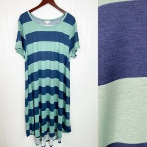LuLaRoe Carly Dress 3XL Navy Light Green Wide Rugby Stripe T-shirt Swing